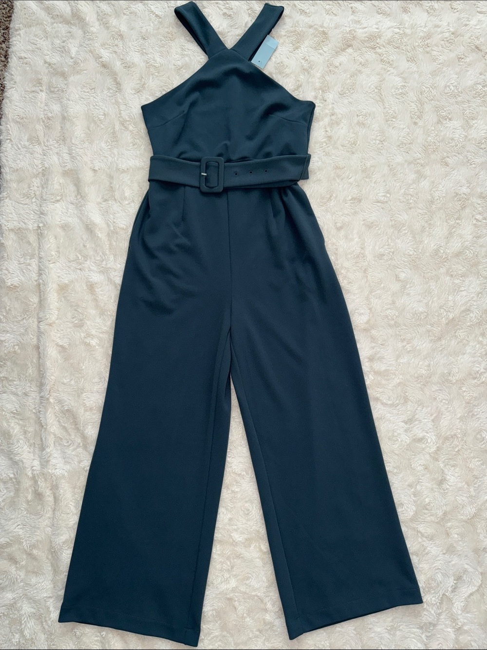 Ann Taylor Teal Cross-Back Jumpsuit with Waist Tie